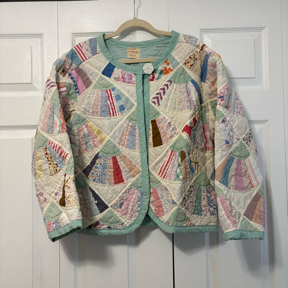 Vintage Handmade Open Quilt Coat Jacket Feminine Grandma Cozy Wearable Art XL